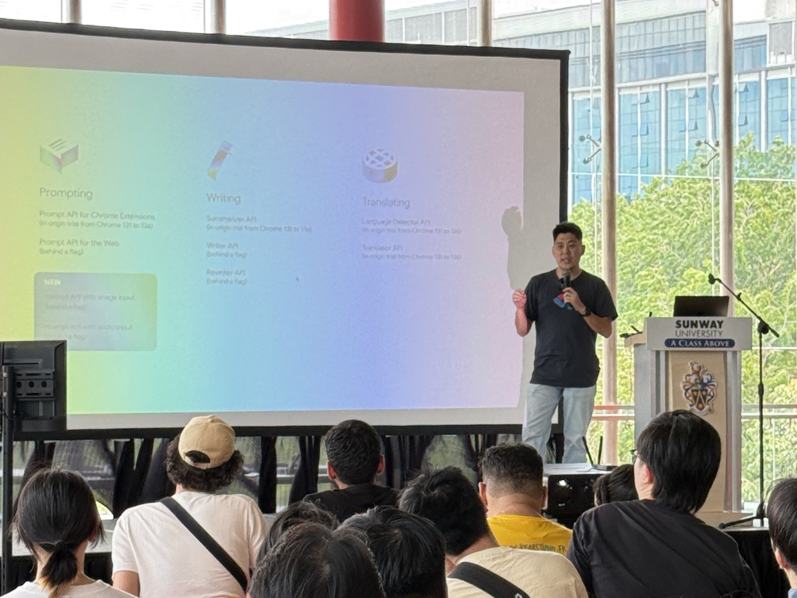 Vin Lim speaking at ForkIt! Kuala Lumpur 2025 at Sunway University, in front of a slide grouping Chrome's built-in AI APIs under prompting, writing and translating